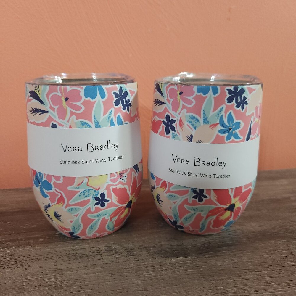 (2) Vera Bradley Stainless Steel Wine Tumblers, 12 oz Rain Forest Lily Coral
